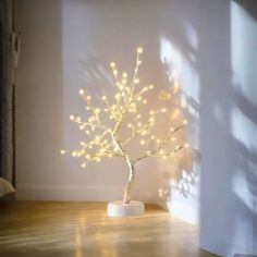 a small tree with white lights in a room