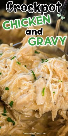 A close up to shredded chicken and creamy sauce with Pinterest overlay. Chicken Gravy And Biscuits, Summer Crockpot, Slow Cooker Meal, Chicken Breast Crockpot Recipes, Serve Over Rice, Chicken Crockpot Recipes Easy