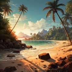 a painting of palm trees on the shore of a tropical beach with rocks and water