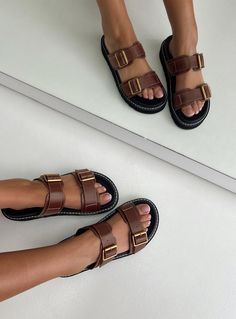 Faux leather sandals Double upper strap, chunky treaded sole, padded footbed Upper & lining: 100% PU, Outsole: 100% EVA Height: 6cm / 2.36in Anna Edit, Lace Up Wedges, Loafer Sneakers, Outerwear Outfit, Swag Shoes, Casual Sport Shoes, Dream Board, Slides Shoes, Heeled Loafers