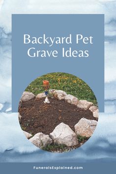 the backyard pet grave ideas book is shown in front of a blue background with rocks and grass