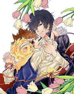 two anime characters are kissing in front of flowers and plants, one is holding the other's head