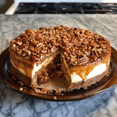 a cake that has been cut in half on a plate