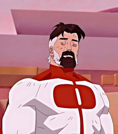 the animated man is talking on his cell phone while wearing a red and white suit