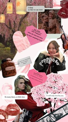 a collage of photos with pink flowers, hearts and other things in the background