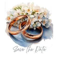 two gold wedding rings with flowers and the words save the date written in white lettering