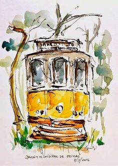 a watercolor painting of a yellow trolley car