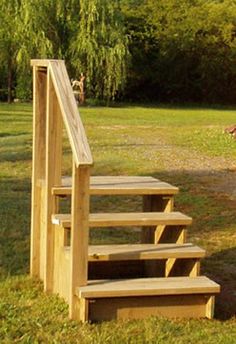 a set of wooden stairs in the grass