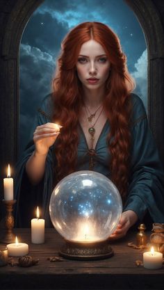 a woman with long red hair holding a crystal ball