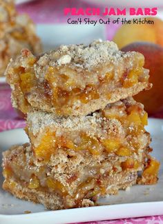 three pieces of peach jam bars stacked on top of each other with the words can't stay out of the kitchen