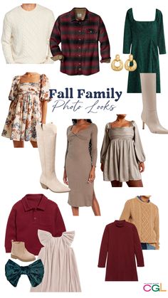 several different types of sweaters and dresses with text that reads fall family picks for women