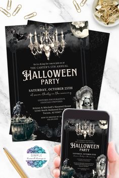 a halloween party flyer is shown with an iphone and other items on the table next to it