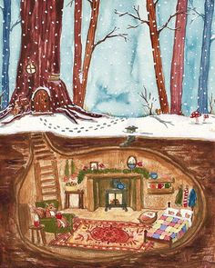 a painting of a living room in the middle of a forest with snow on the ground