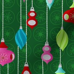 christmas ornaments are hanging from chains on a green background with circles and snowflakes