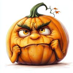 a cartoon pumpkin with an angry expression on it's face and hands in front of its mouth