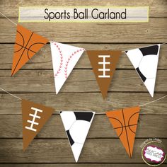 sports ball garland on a wooden background with the words, football and basketball pennants