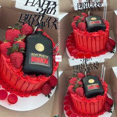 two cakes decorated with red and black frosting, one has a bottle of rum