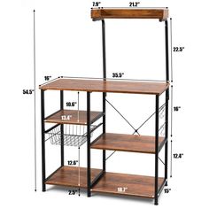 the measurements for an industrial shelving unit with three shelves and two baskets on each shelf