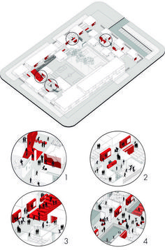 the diagram shows how to use red and white in an architectural design project, including floor plans