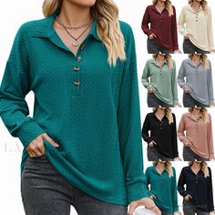 Lasaky - Button-Up Loose Long Sleeve Sweatshirt Jacket in Solid Color with Collar Winter Long Sleeve Top With Button Closure, Long Sleeve Tops With Button Closure For Winter, Long Sleeve Tops With Buttons For Fall, Long Sleeve Button Top For Winter, Buttoned Tops For Winter, Green Buttoned Top For Winter, Green Winter Top With Buttons, Green Long Sleeve Tops With Buttons, Long Sleeve Sweatshirt With Buttons For Winter