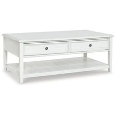 a white coffee table with two drawers