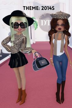 two cartoon dolls are walking down the pink carpeted floor with hats and purses on their heads