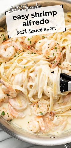 a skillet with pasta and text overlay that reads easy shrimp alfredo - best sauce ever! Easy Shrimp Alfredo Recipe, Shrimp Fettuccine Recipes, Shrimp Alfredo Pasta Recipes, Easy Shrimp Alfredo, Shrimp Alfredo Recipe, Shrimp Fettuccine Alfredo, Fettuccine Recipes, Family Meal Prep, Chicken Fettuccine Alfredo