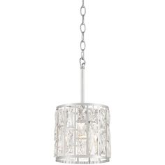 a chrome finish chandelier with crystal cubes on the bottom and chain around it