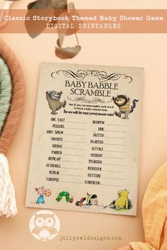 an old fashioned baby shower game with winnie the pooh characters on it and other items