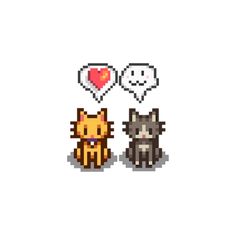 two cats sitting next to each other on top of a white surface with speech bubbles above them