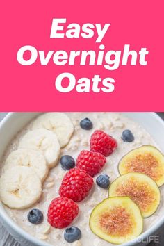 A closeup on a bowl of overnight oats with fruit on top. The top of the image has a hot pink background with the words "Easy Overnight Oats" Overnight Oats Easy, Easy Breakfast Meal Prep, Breakfast Meal Prep Ideas, Quick And Healthy Breakfast, Easy Overnight Oats, Buckwheat Groats, Full Fat Yogurt, Grab And Go Breakfast, Cinnamon Almonds