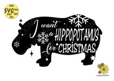 a black and white silhouette of a hippo with snowflakes on it's back