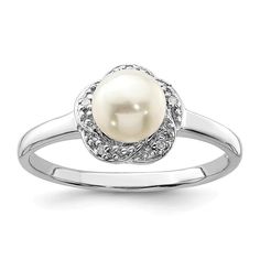 Core Silver Sterling Silver Rhodium 6mm FW Cultured Button Pearl & Diamond Ring Diamond Rings Bands, Pearl Diamond Ring, Silver Band Ring, Cultured Pearl Ring, Fashion Rings Silver, Pearl And Diamond Ring, Gift Sets For Women, Sterling Silver Rings Bands, Blue Nile