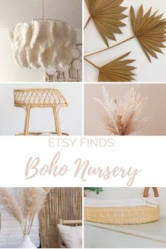 boho nursery collage with lots of different items and text that reads etsy finds boho nursery