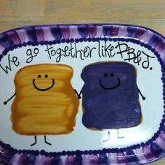 two peanut butter and jelly slices on a plate with the words we go together like bread