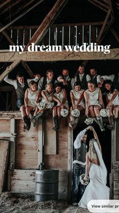 a group of people sitting on top of each other in front of a wooden structure