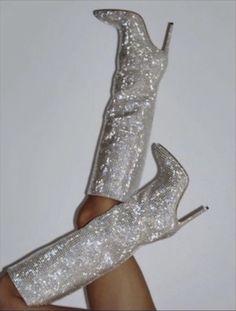 Glitter Boots Aesthetic, Glitz And Glam Shoes, Silver Boots Aesthetic, Vegas 21st Birthday Outfit, Glitter Heels Aesthetic, Star Girl Outfit Ideas, Silver Girl Aesthetic, Glitter Boots Outfit Night, Silver Party Aesthetic