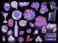 an image of purple and white items on black background with words describing the different things in them