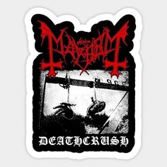 a black and red sticker with an image of a demon on it