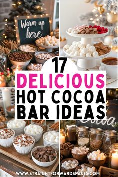 a mouth-watering hot cocoa bar with delicious toppings and creative recipes for your next party. Hot Chocolate Bar Display, Small Hot Chocolate Bar, Mini Hot Chocolate Bar, Hit Cocoa Bar Ideas, Cocoa Bar Ideas For Christmas, Coffee And Cocoa Bar Ideas, Hot Cocoa Bar Toppings, Hot Chocolate Bar Toppings, Hot Cocoa Bar Baby Shower Ideas