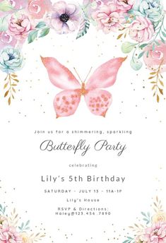 a butterfly birthday party with pink flowers and butterflies on the front, in watercolor