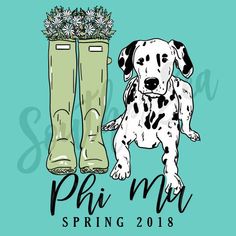 a black and white dog wearing rain boots with the words phi mi spring 2018 on it