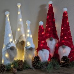 three christmas trees with lights and gnomes on them