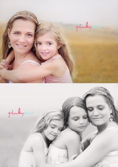 two girls hugging each other in front of a field and one girl with her arms around another