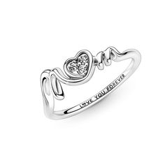 A gift for Mom that says it all. The sterling silver Mom Pavé Heart Ring features a ring shank that flows into "Mom" script with three bead-set brilliant-cut clear cubic zirconia decorating the heart. The engraving on the inside of the ring shank reads "LOVE YOU FOREVER", celebrating the devotion of mothers all over the world. Cubic Zirconia Heart Ring For Mother's Day Promise, Silver Cubic Zirconia Heart Ring For Mother's Day, Diamond Heart Ring For Mother's Day, Pandora Mom, Mom Ring, Ring Shank, Pandora Rings, Charm Rings, Cz Diamond