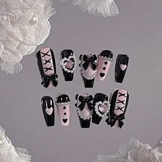 Bow Nail Art, Bow Nail, Goth Nails, Fake Nail, Unique Nails, Cute Nail Designs