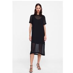 Brand New Zara Dress With Ribbed Trim Neck. Size Xs In Black. Tag Attached Sheer Mesh Dress With Short Sleeves, Short Sleeve Sheer Midi Evening Dress, Sheer Short Sleeve Evening Midi Dress, Evening Sheer Short Sleeve Midi Dress, Casual Sheer Midi Dress, Casual Sheer Midi Dress For Summer, Casual Sheer Midi Dress For Spring, Casual Summer Midi Dress With Sheer Details, Sheer Midi Dress For Work