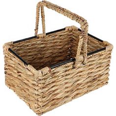 a wicker basket with handles is shown on a white background and has black trim around the bottom