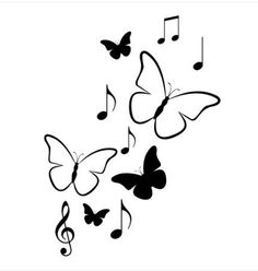 black and white butterflies flying in the air with music notes coming out of their wings