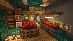 the inside of a minecraft house with lots of green and red items in it